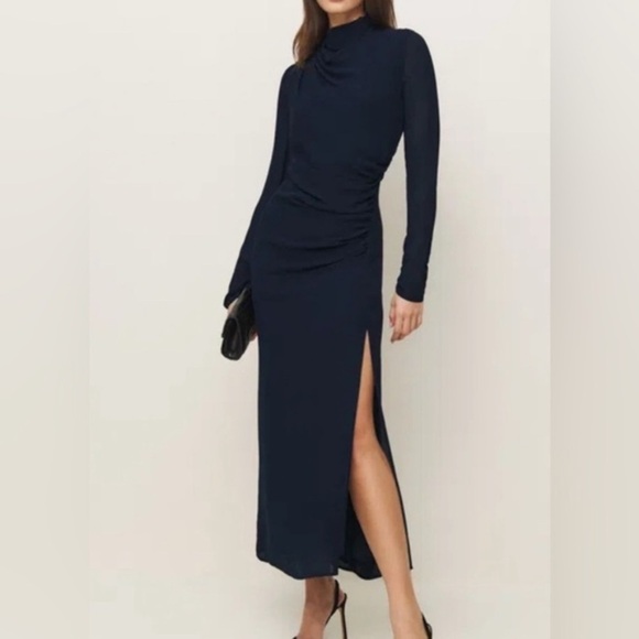 NWT Reformation Tilda High Mock Neck Long Sleeve Slit Maxi Dress Gown Navy Blue - Picture 2 of 14